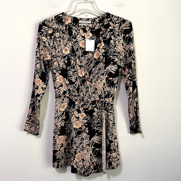 Zara Wrap Romper XS Shorts Black Floral Motif Long Sleeve Party Summer Boho NEW - Picture 1 of 8